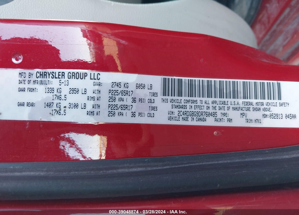 2013 DODGE GRAND CARAVAN SE VIN: 2C4RDGBG9DR760485