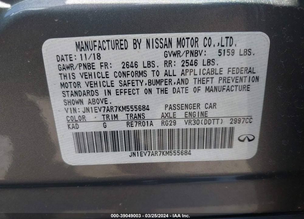 2019 INFINITI Q50 3.0T LUXE VIN: JN1EV7AR7KM555684