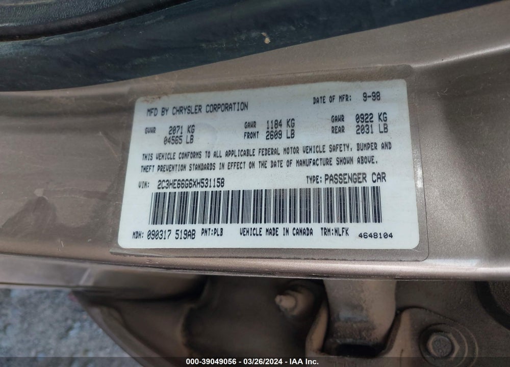 1999 CHRYSLER 300M VIN: 2C3HE66G6XH531158