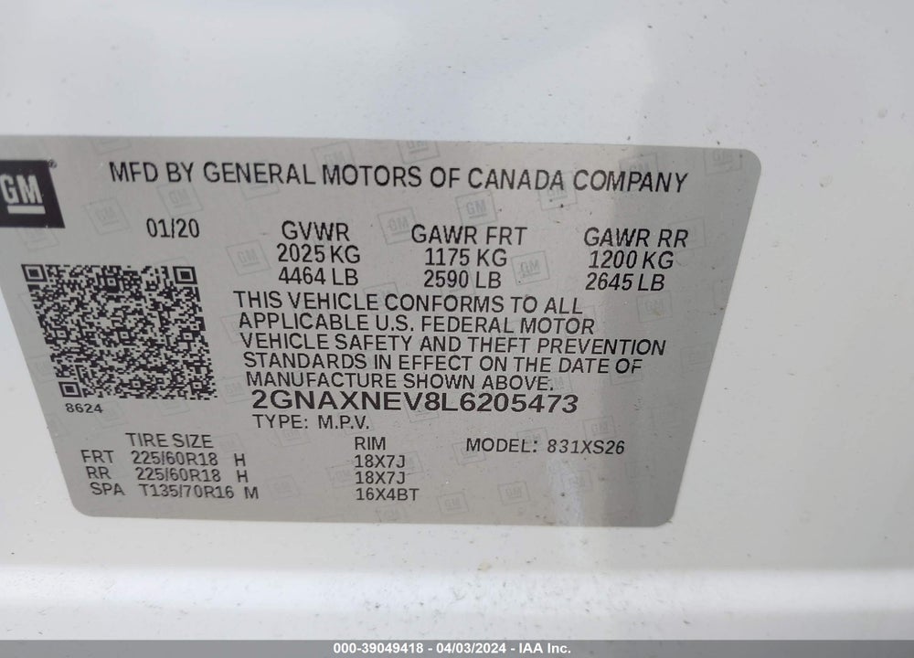 2020 CHEVROLET EQUINOX FWD PREMIER 1.5L TURBO VIN: 2GNAXNEV8L6205473