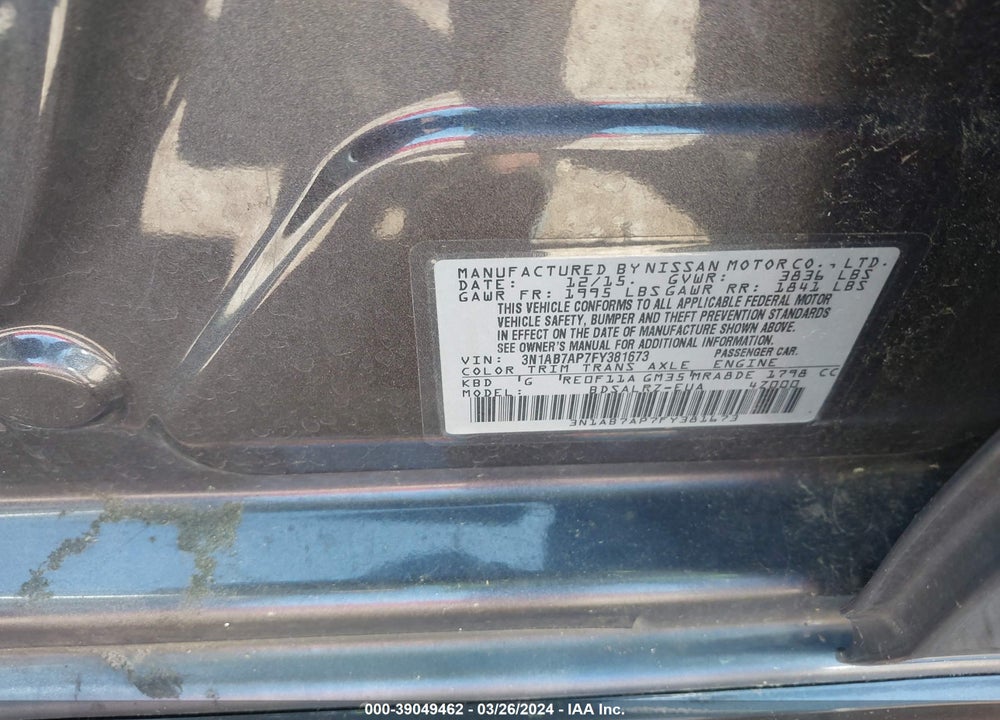 2015 NISSAN SENTRA SR VIN: 3N1AB7AP7FY381673