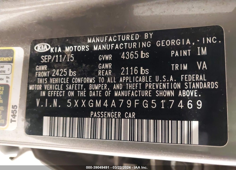 2015 KIA OPTIMA LX VIN: 5XXGM4A79FG517469