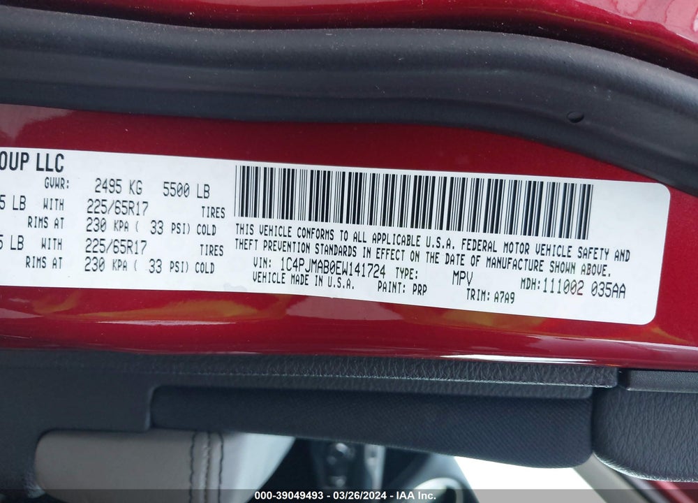 2014 JEEP CHEROKEE SPORT VIN: 1C4PJMAB0EW141724