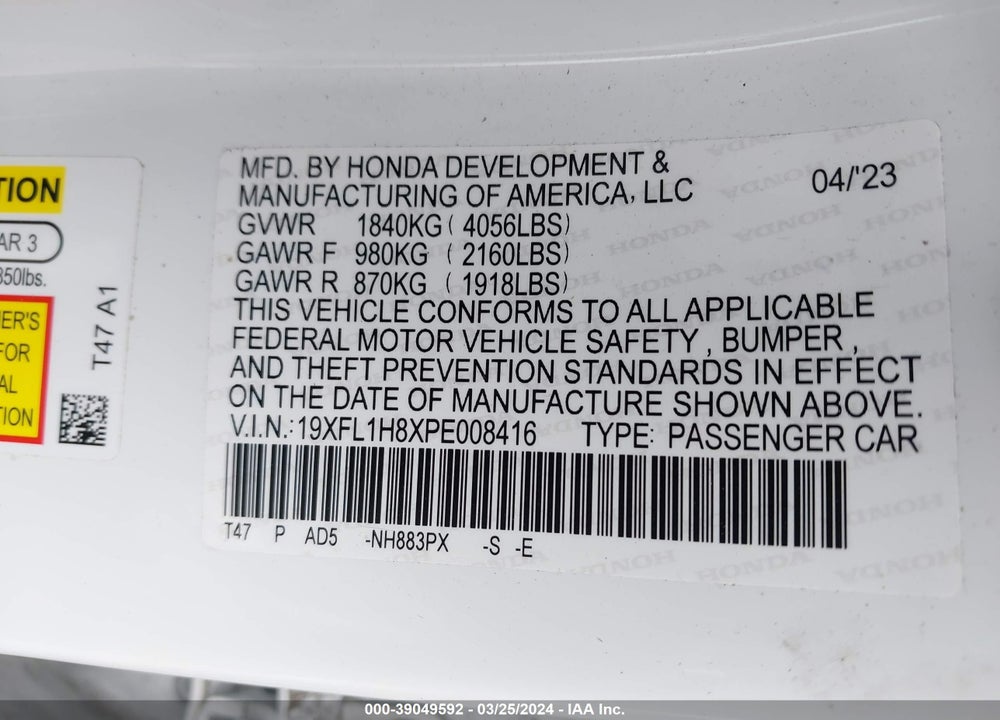 2023 HONDA CIVIC SPORT TOURING VIN: 19XFL1H8XPE008416