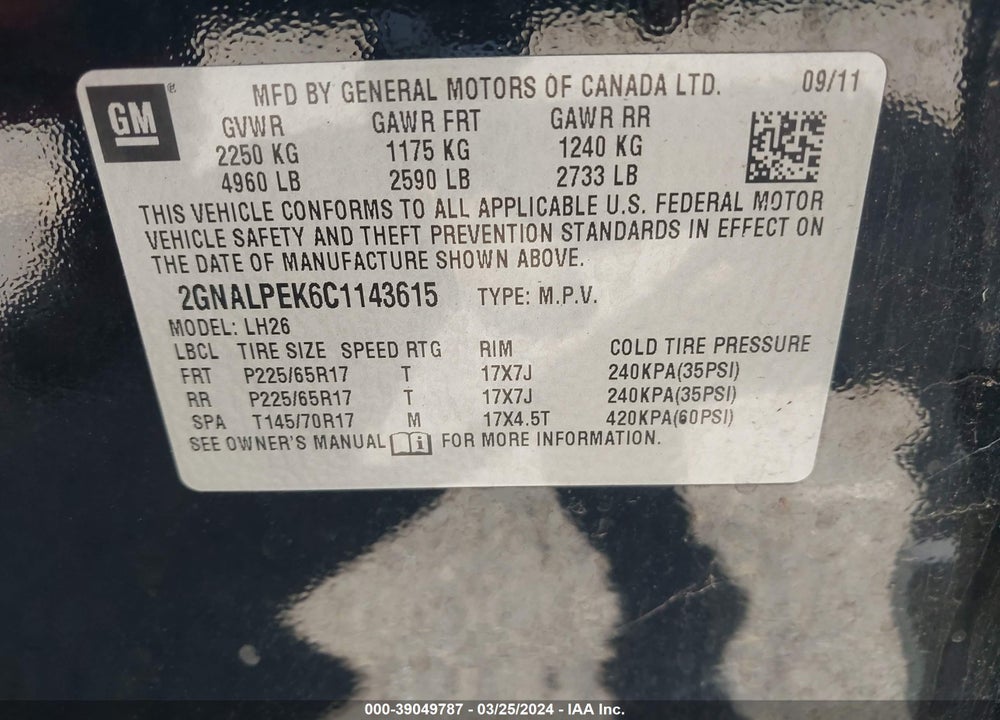 2012 CHEVROLET EQUINOX 2LT VIN: 2GNALPEK6C1143615