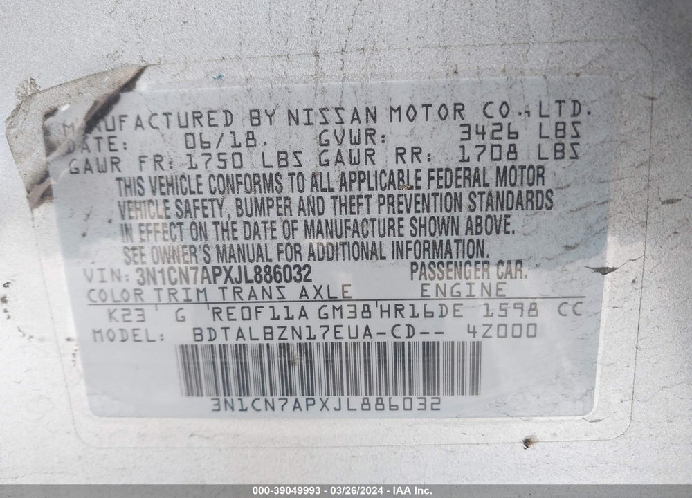 2018 NISSAN VERSA 1.6 SV VIN: 3N1CN7APXJL886032