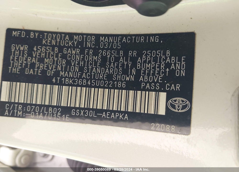 2005 TOYOTA AVALON LIMITED VIN: 4T1BK36B45U022186