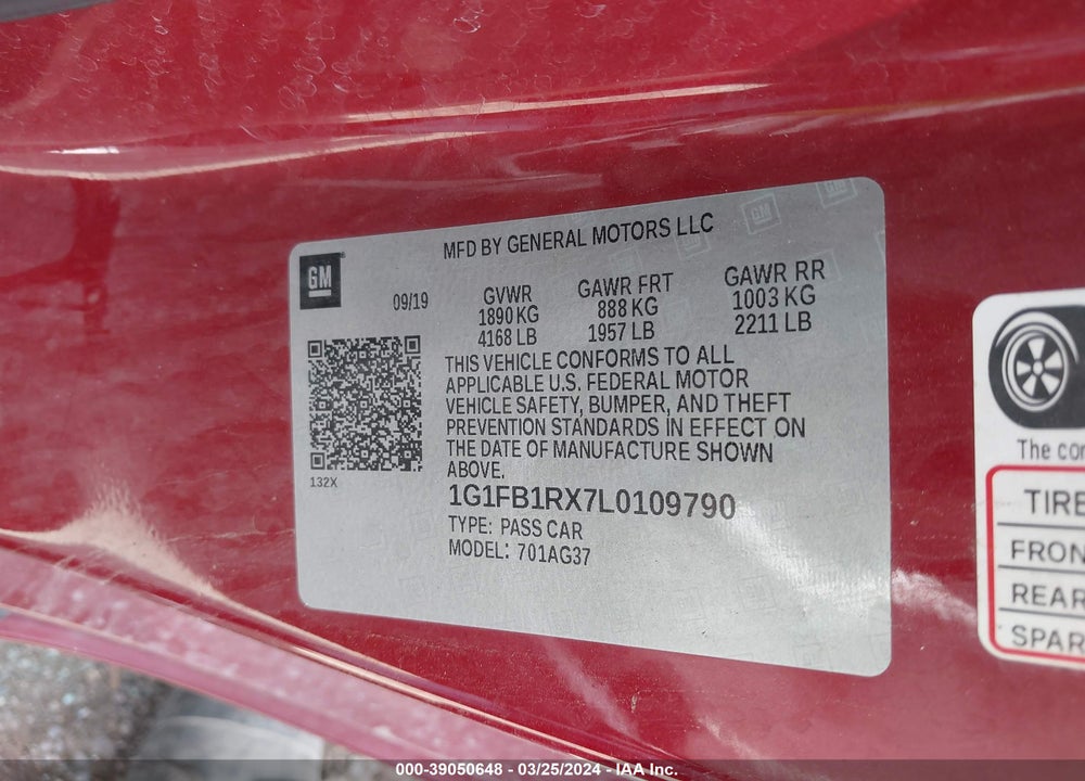 2020 CHEVROLET CAMARO RWD 1LT VIN: 1G1FB1RX7L0109790