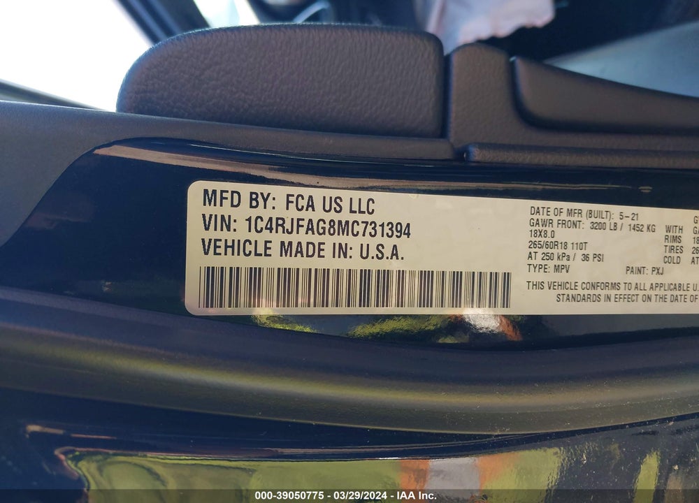 2021 JEEP GRAND CHEROKEE LAREDO X 4X4 VIN: 1C4RJFAG8MC731394