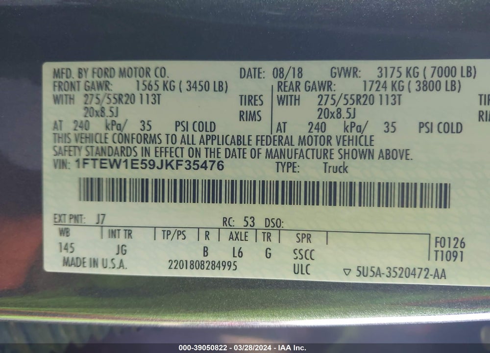 2018 FORD F-150 XL VIN: 1FTEW1E59JKF35476