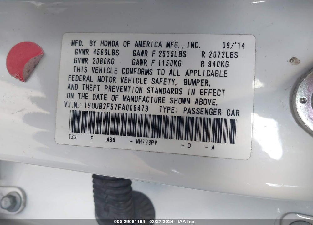 2015 ACURA TLX V6 TECH VIN: 19UUB2F57FA006473