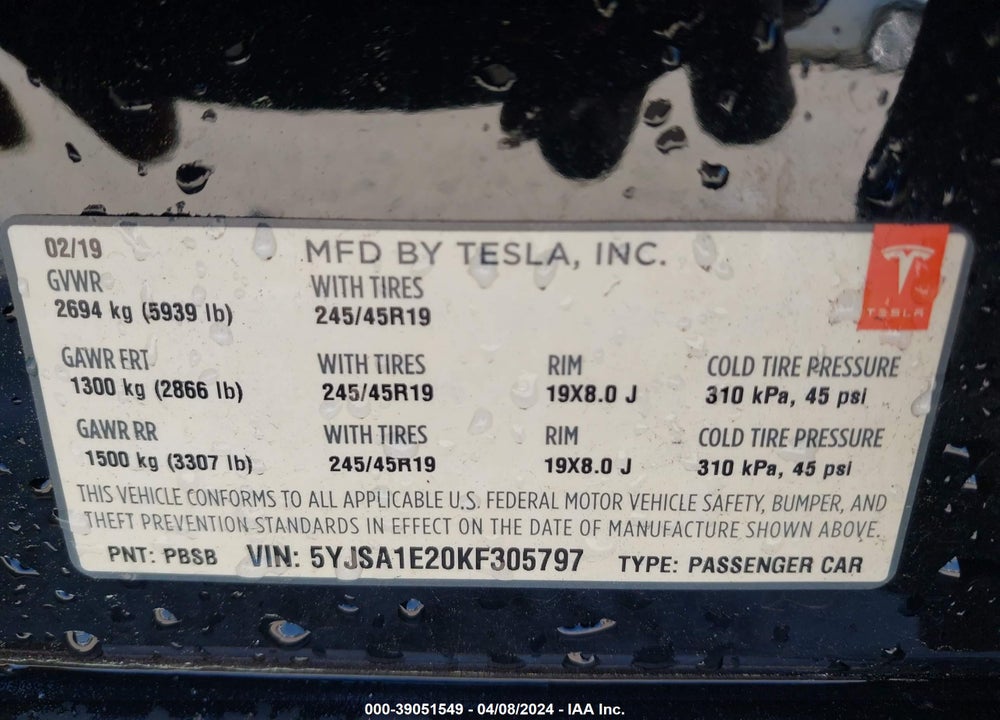 2019 TESLA MODEL S 100D/75D/LONG RANGE/STANDARD RANGE VIN: 5YJSA1E20KF305797