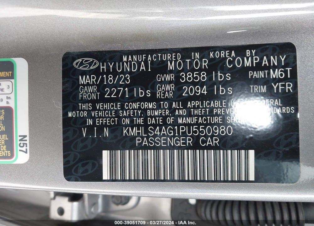 2023 HYUNDAI ELANTRA SEL VIN: KMHLS4AG1PU550980