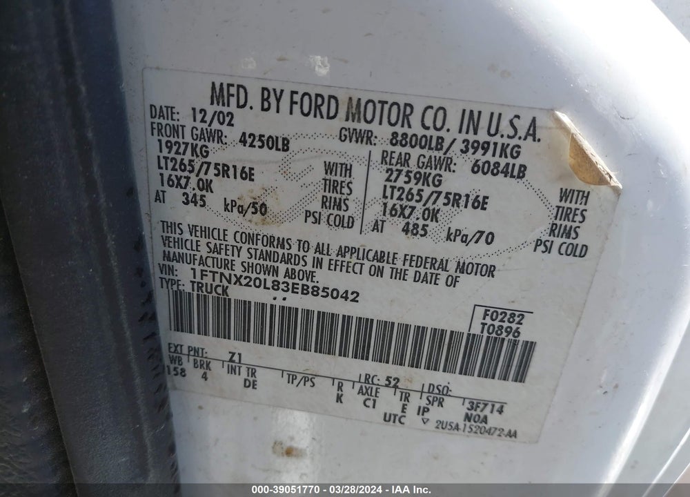 2003 FORD F-250 LARIAT/XL/XLT VIN: 1FTNX20L83EB85042