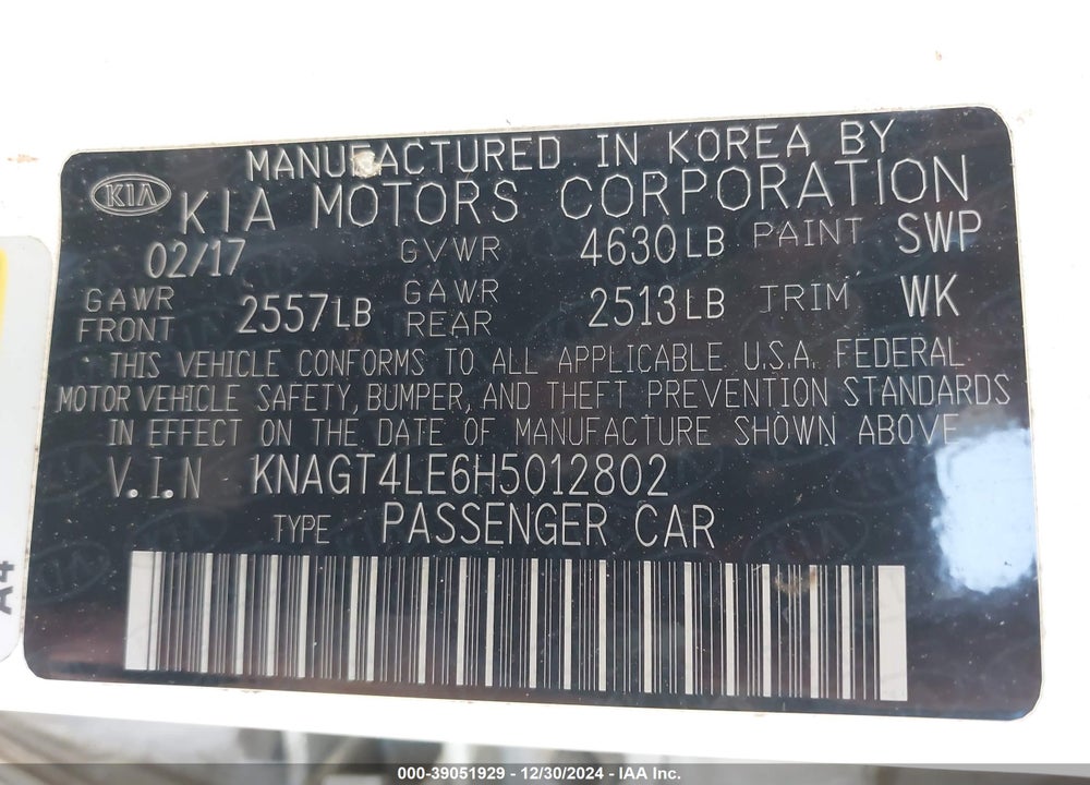 2017 KIA OPTIMA HYBRID VIN: KNAGT4LE6H5012802