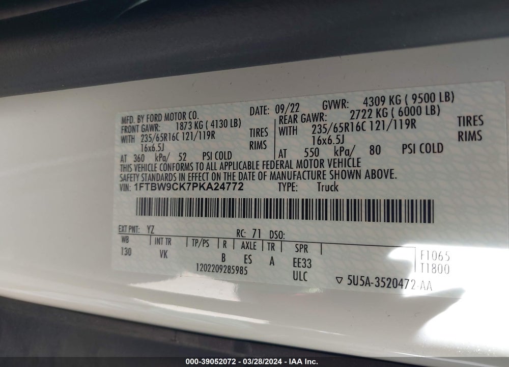2023 FORD E-TRANSIT-350 VIN: 1FTBW9CK7PKA24772