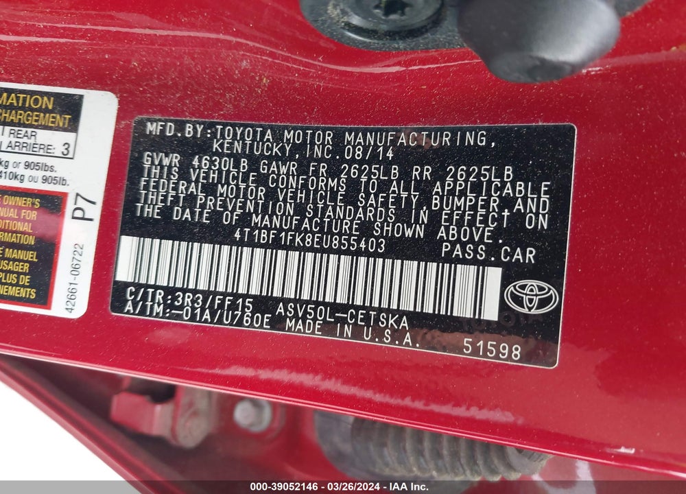 2014 TOYOTA CAMRY SE VIN: 4T1BF1FK8EU855403