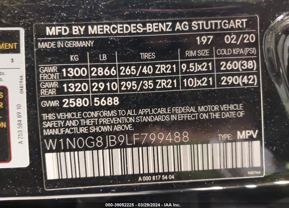 2020 MERCEDES-BENZ AMG GLC 63 4MATIC VIN: W1N0G8JB9LF799488