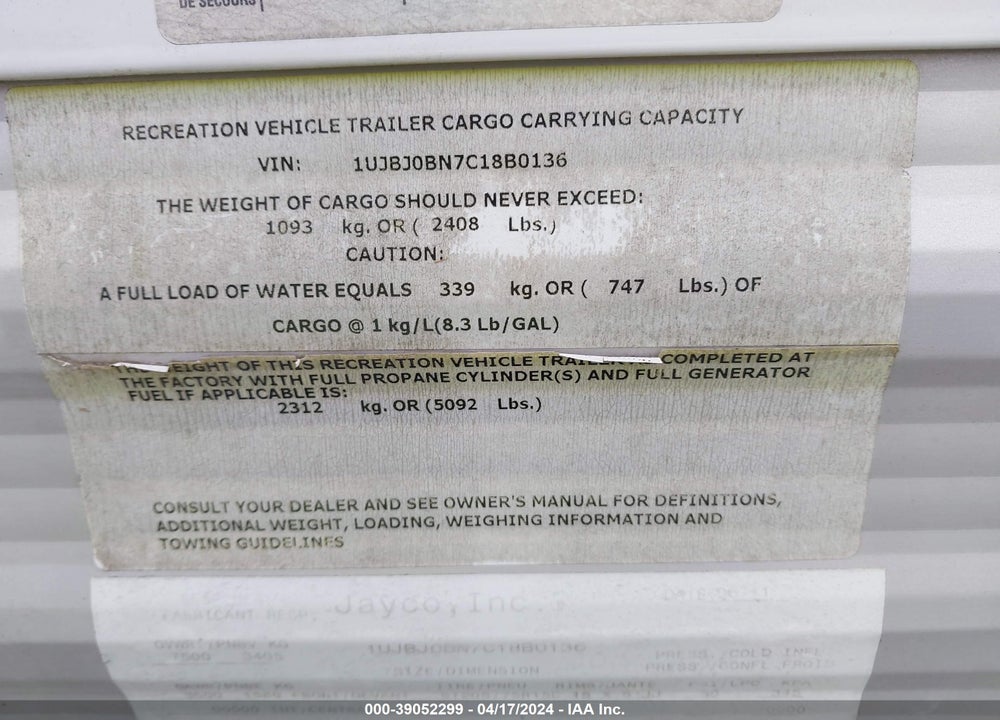 2012 JAYCO JAY FLIGHT VIN: 1UJBJ0BN7C18B0136