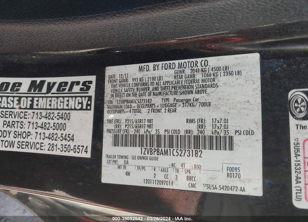 2012 FORD MUSTANG V6 PREMIUM VIN: 1ZVBP8AM1C5273182