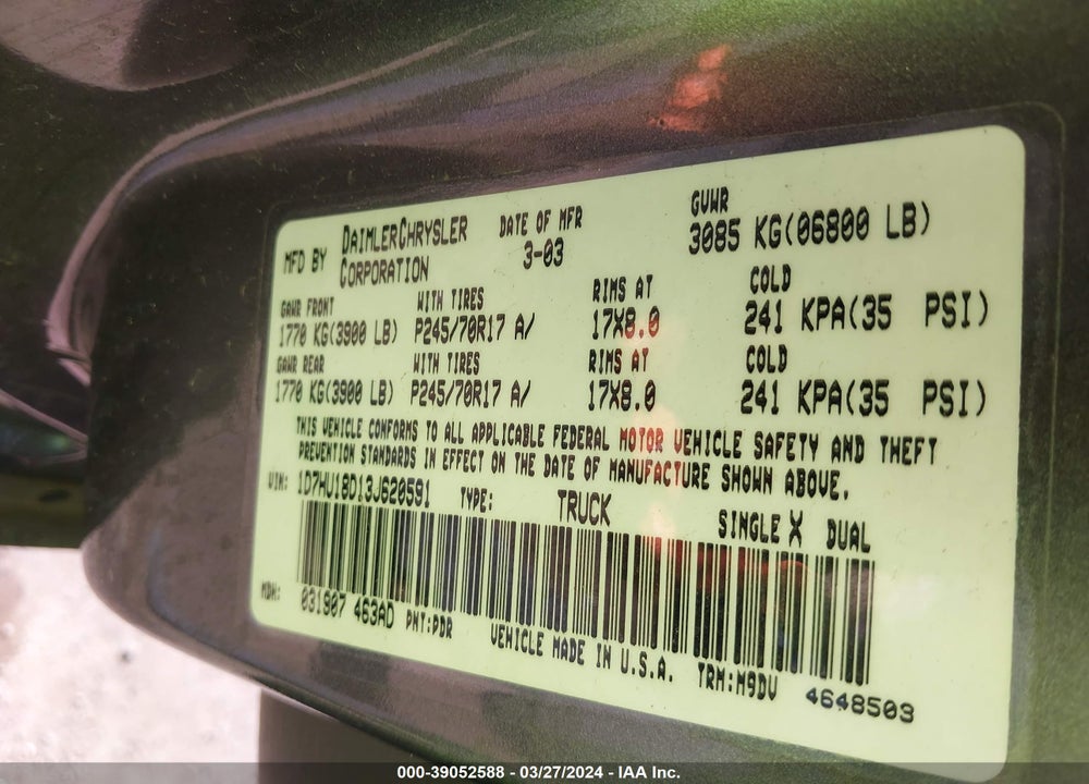 2003 DODGE RAM 1500 SLT/LARAMIE/ST VIN: 1D7HU18D13J620591