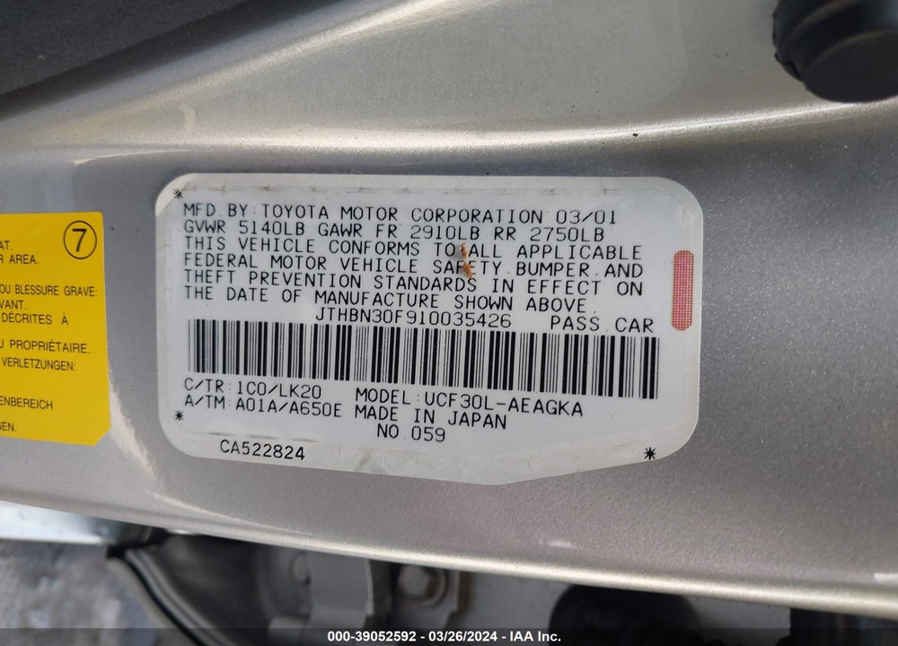 2001 LEXUS LS 430 VIN: JTHBN30F910035426