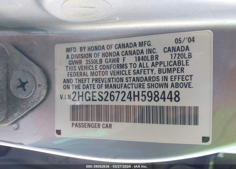 2004 HONDA CIVIC EX VIN: 2HGES26724H598448