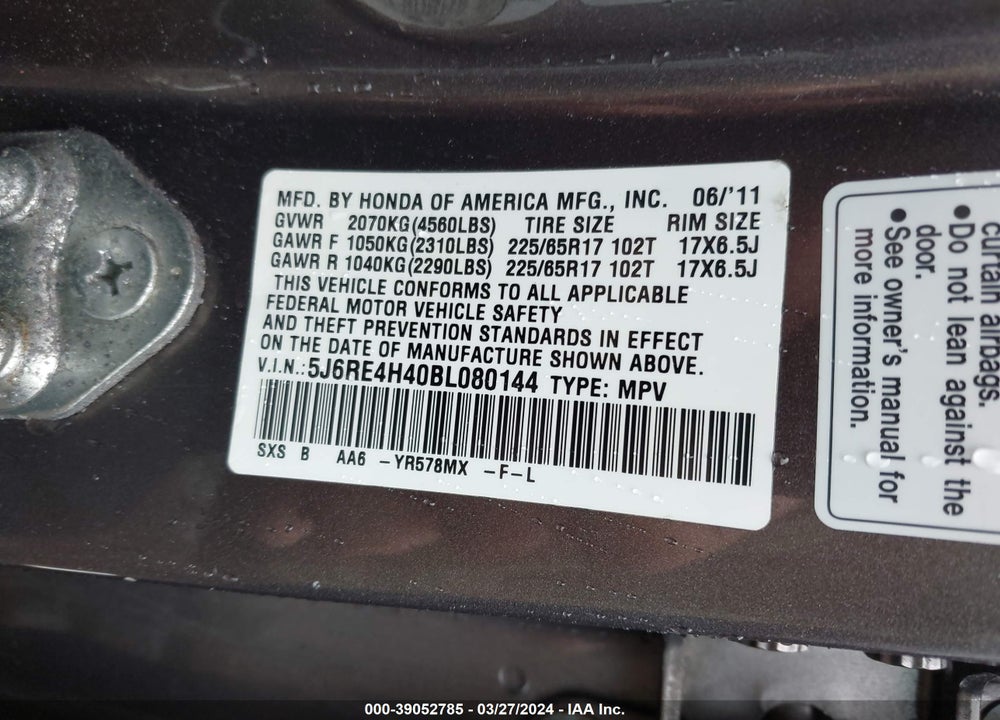2011 HONDA CR-V SE VIN: 5J6RE4H40BL080144