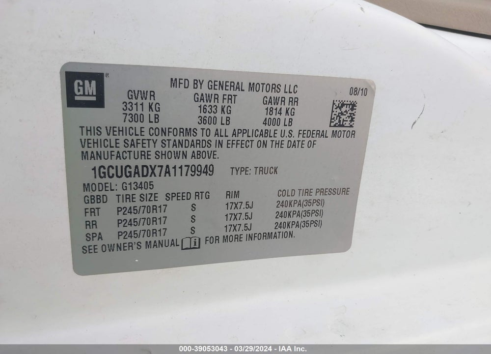 2010 CHEVROLET EXPRESS 1500 WORK VAN VIN: 1GCUGADX7A1179949