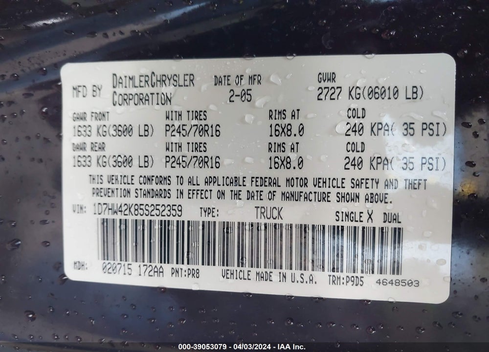 2005 DODGE DAKOTA SLT VIN: 1D7HW42K85S252359