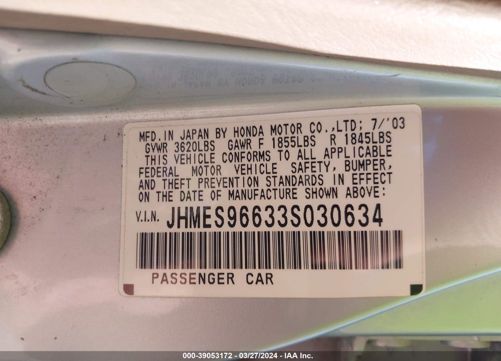 2003 HONDA CIVIC HYBRID VIN: JHMES96633S030634
