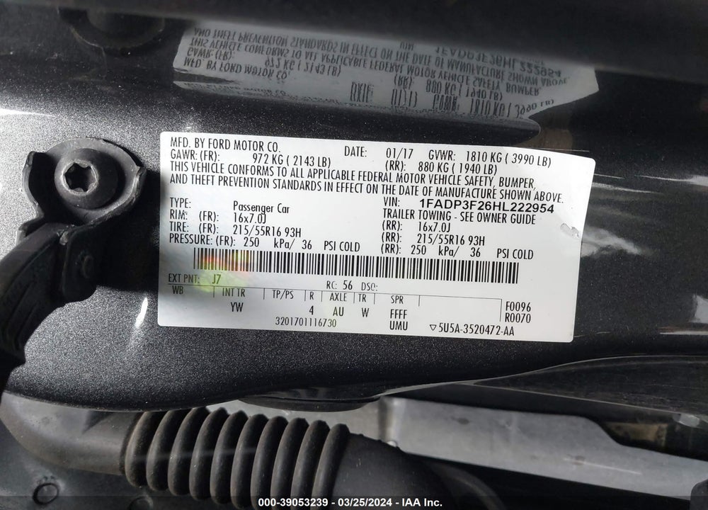 2017 FORD FOCUS SE VIN: 1FADP3F26HL222954