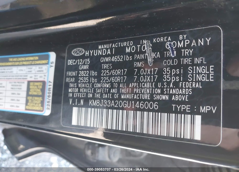 2016 HYUNDAI TUCSON ECO VIN: KM8J33A20GU146006