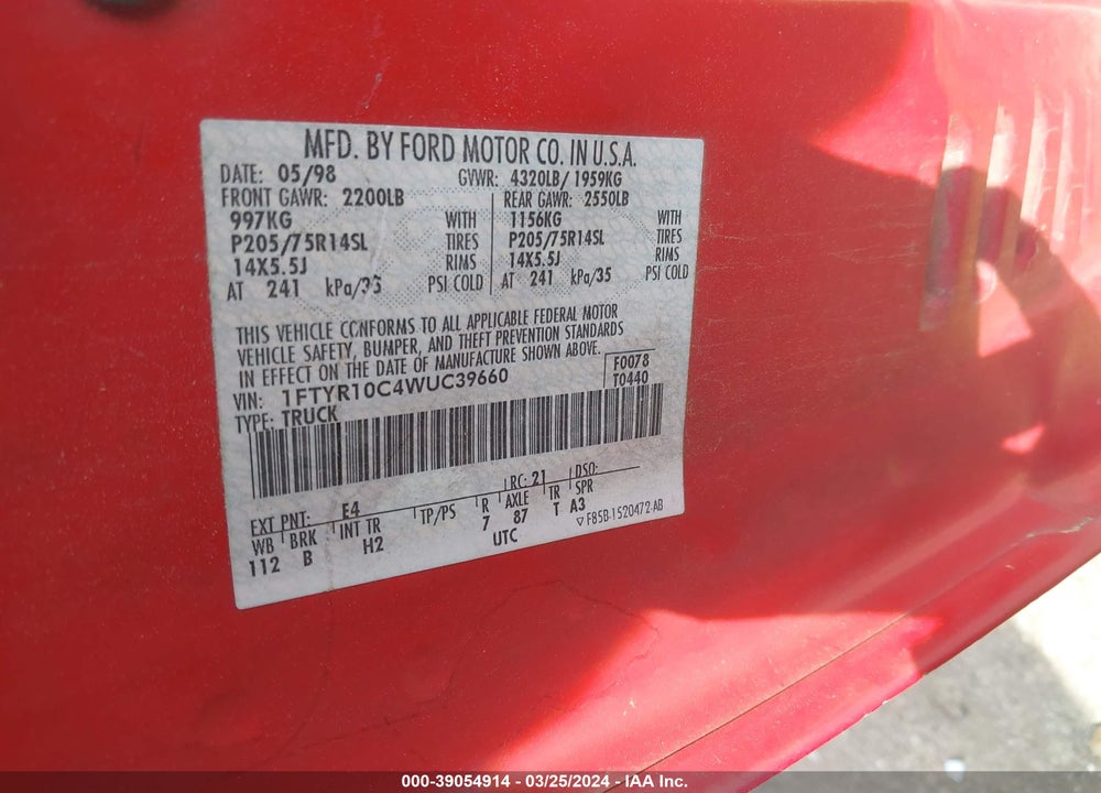 1998 FORD RANGER SPLASH/XL/XLT VIN: 1FTYR10C4WUC39660