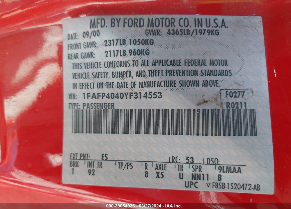 2000 FORD MUSTANG VIN: 1FAFP4040YF314553