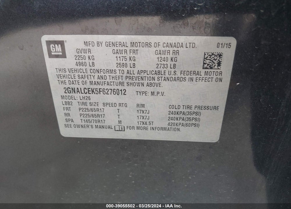 2015 CHEVROLET EQUINOX 2LT VIN: 2GNALCEK5F6276012