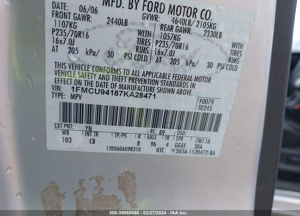 2007 FORD ESCAPE LIMITED VIN: 1FMCU94187KA28471