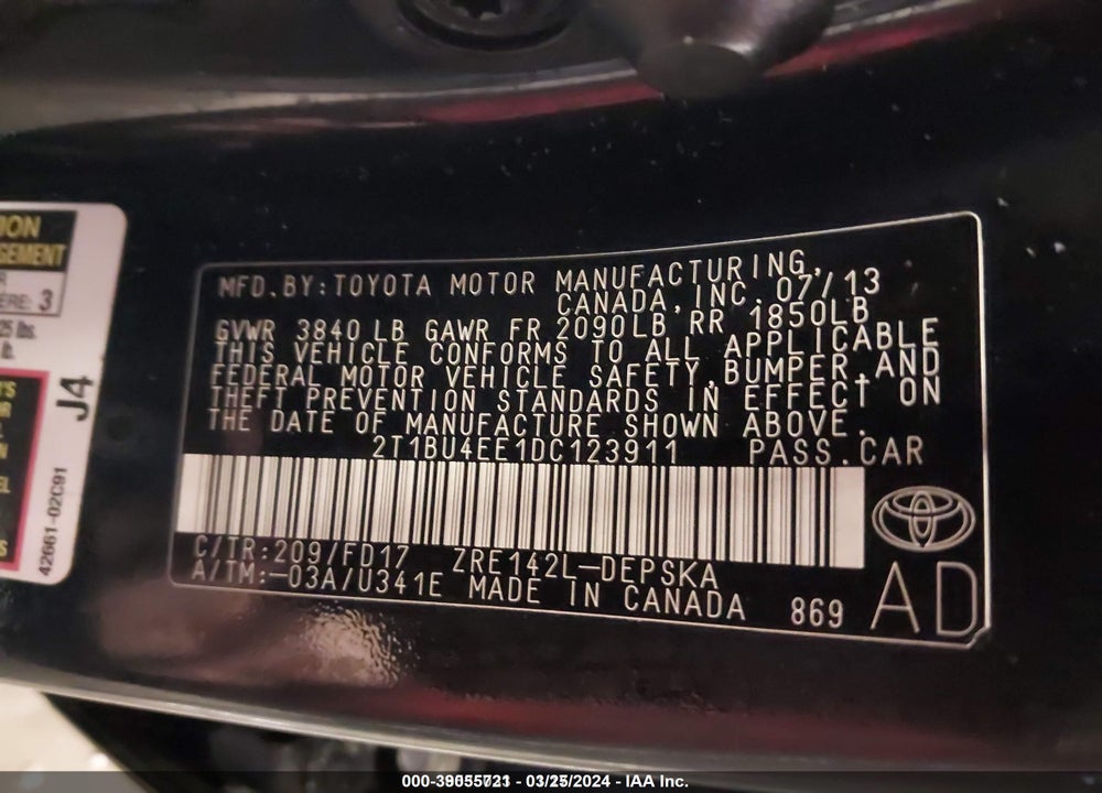 2013 TOYOTA COROLLA S VIN: 2T1BU4EE1DC123911