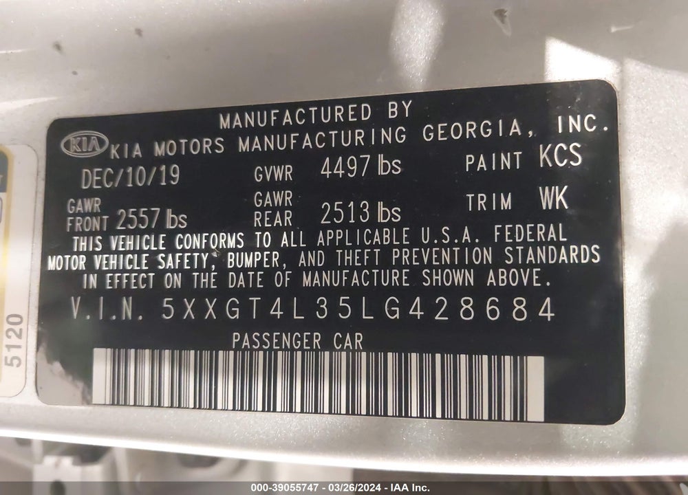 2020 KIA OPTIMA LX VIN: 5XXGT4L35LG428684