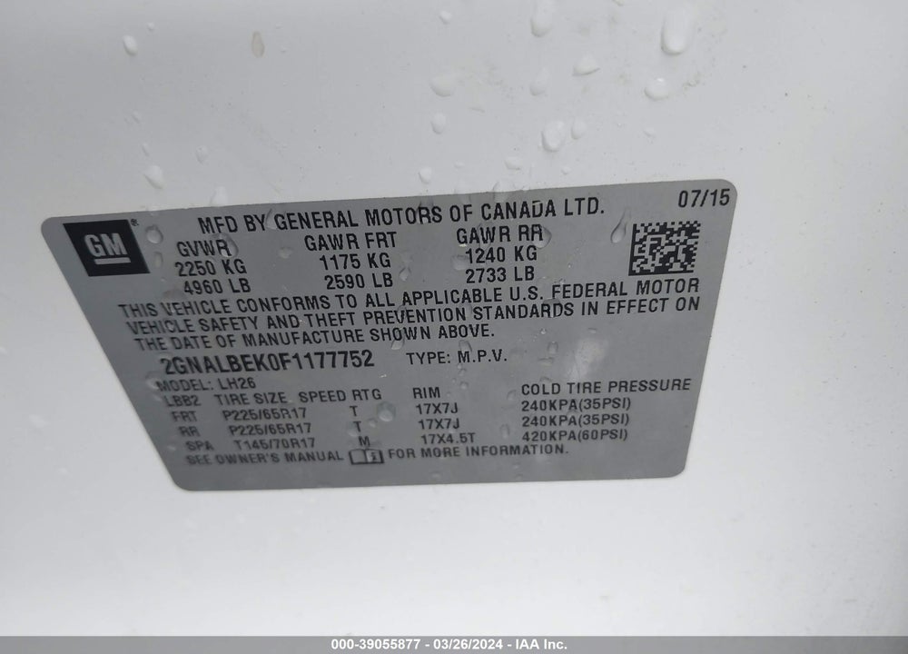 2015 CHEVROLET EQUINOX 1LT VIN: 2GNALBEK0F1177752