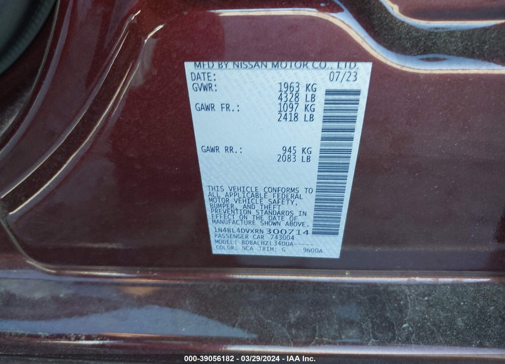 2024 NISSAN ALTIMA SV FWD VIN: 1N4BL4DVXRN300714