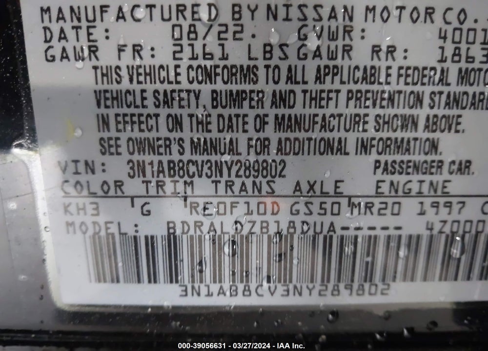 2022 NISSAN SENTRA SV XTRONIC CVT VIN: 3N1AB8CV3NY289802