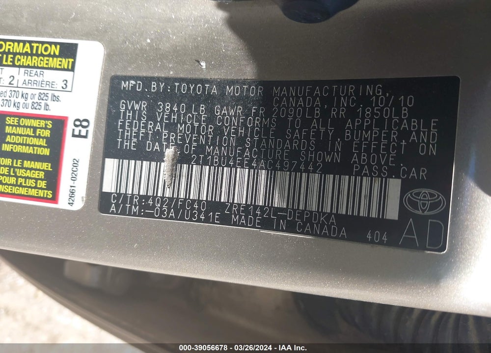 2010 TOYOTA COROLLA LE VIN: 2T1BU4EE4AC497442