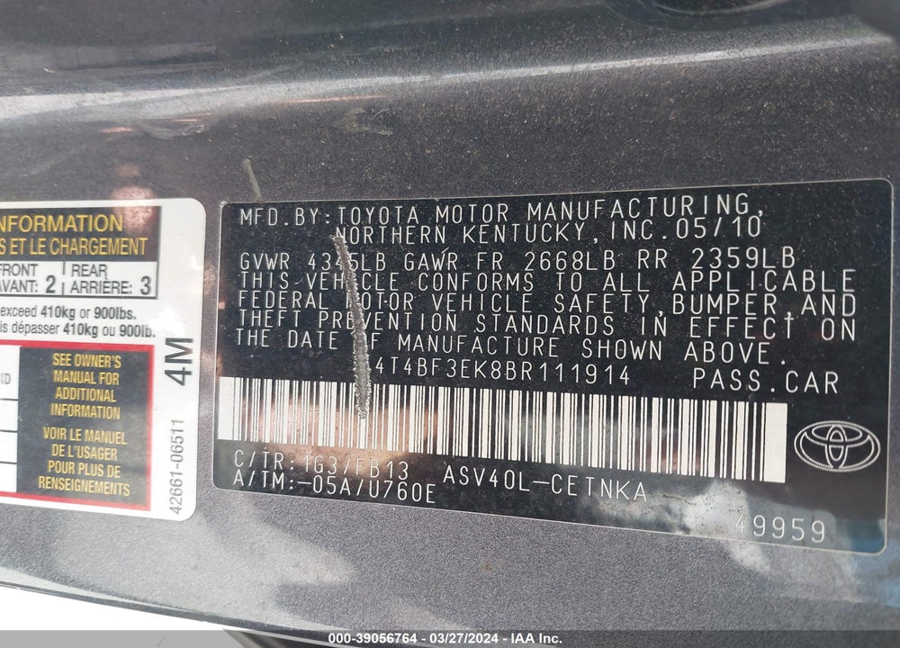 2011 TOYOTA CAMRY LE VIN: 4T4BF3EK8BR111914