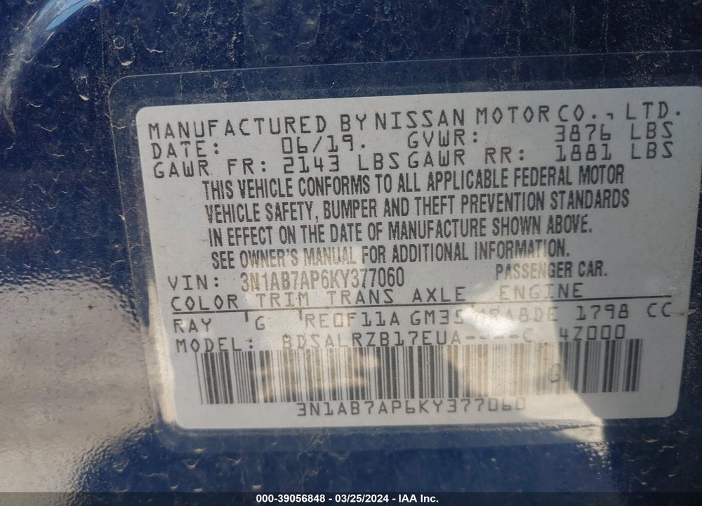 2019 NISSAN SENTRA SR VIN: 3N1AB7AP6KY377060