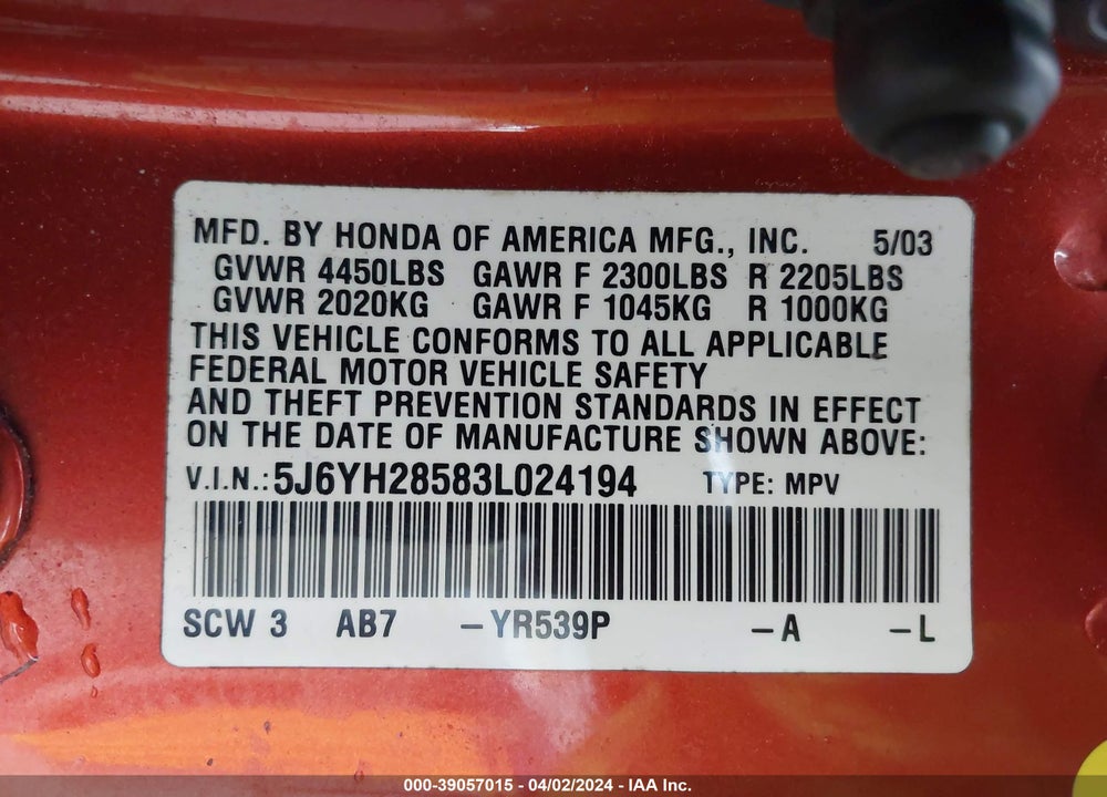 2003 HONDA ELEMENT VIN: 5J6YH28583L024194