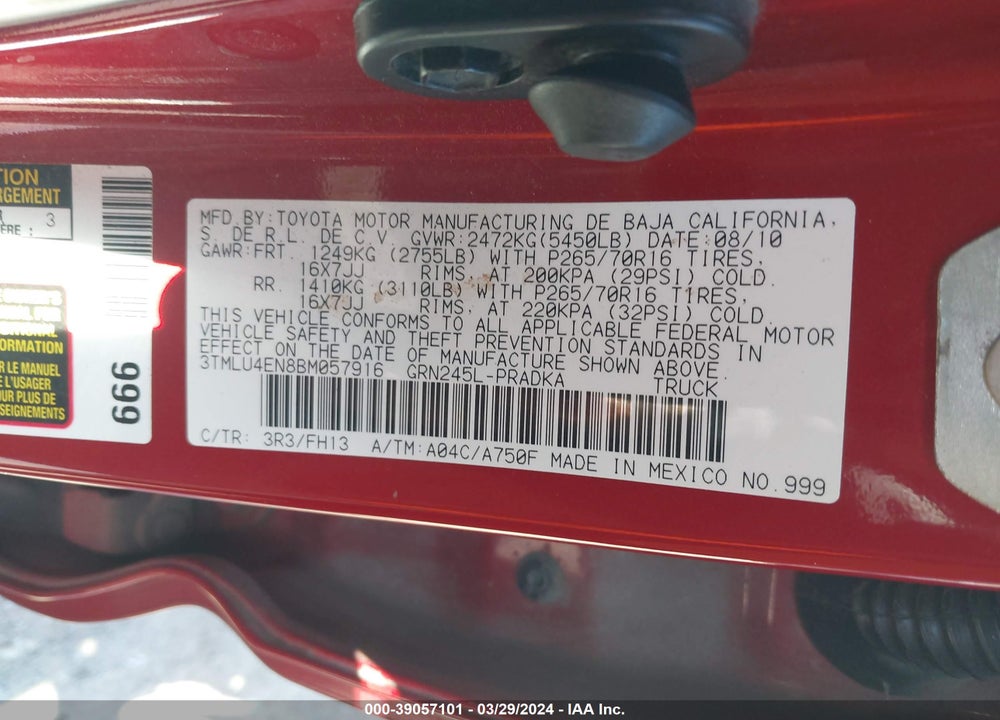 2011 TOYOTA TACOMA BASE V6 VIN: 3TMLU4EN8BM057916