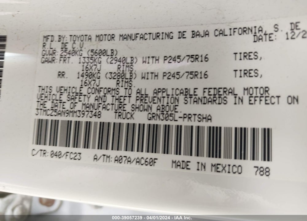 2021 TOYOTA TACOMA SR5 V6 VIN: 3TMCZ5AN9MM397348