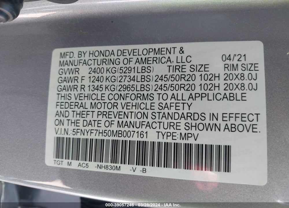 2021 HONDA PASSPORT 2WD EX-L VIN: 5FNYF7H50MB007161