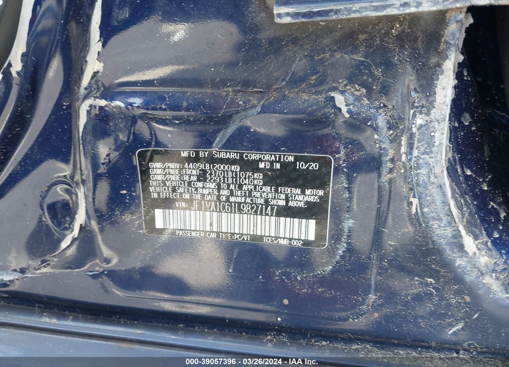 2020 SUBARU WRX PREMIUM VIN: JF1VA1C61L9827147